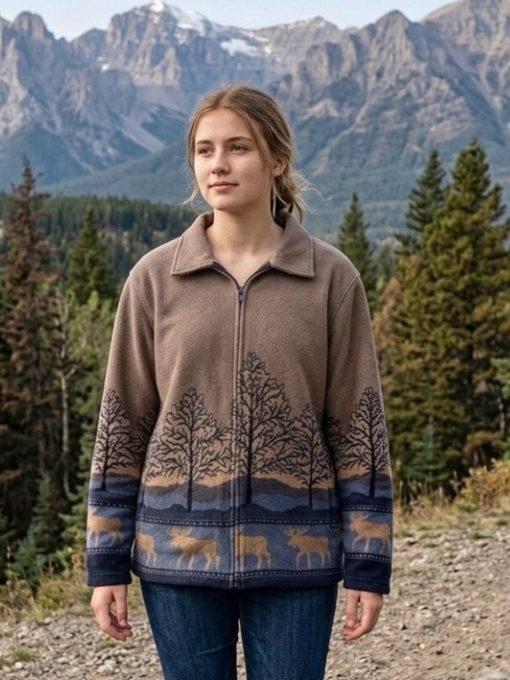Cozy Brown Scenic Zip-Up Teddy Jacket with Moose Motif